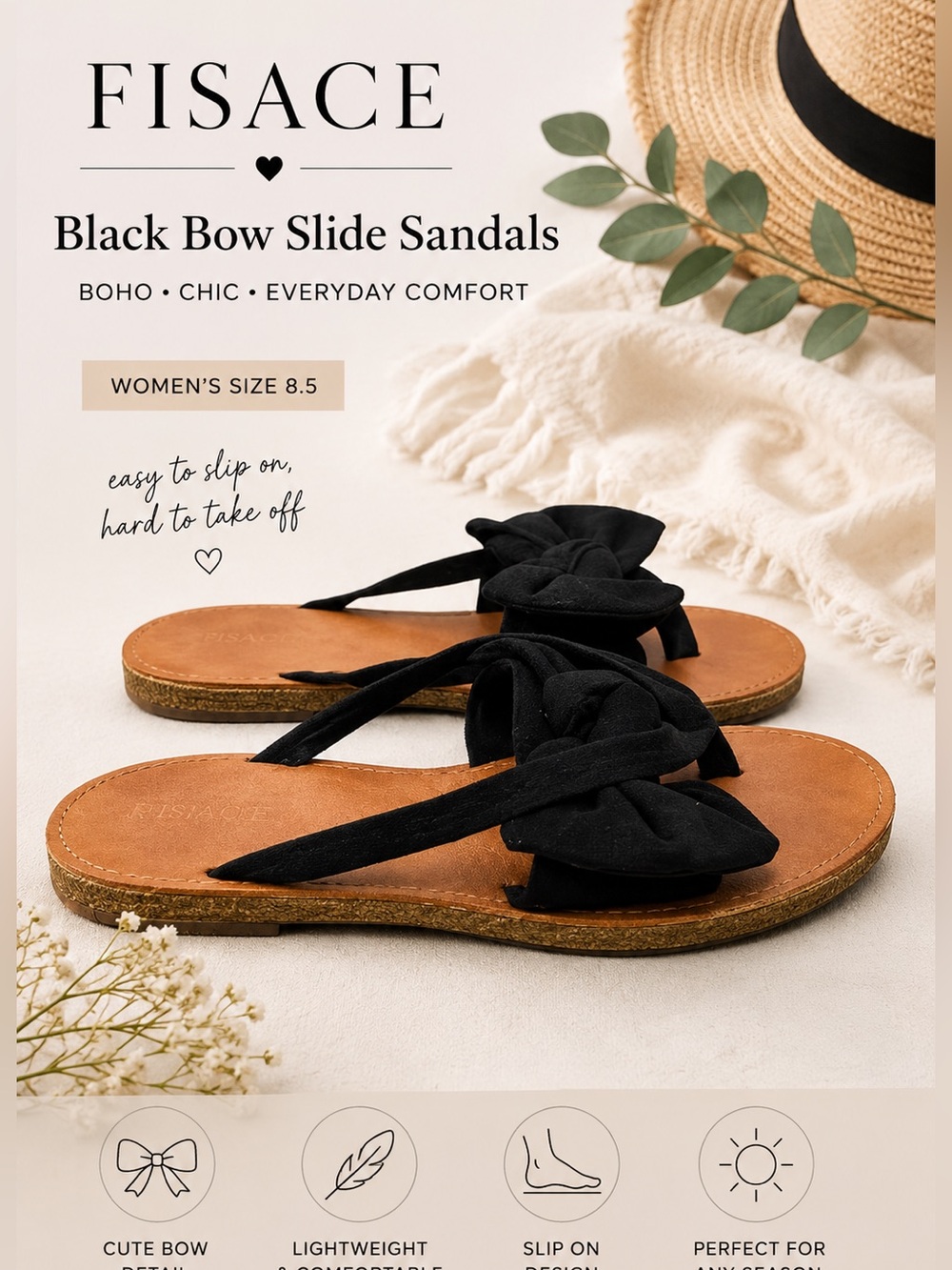 FISACE Black Bow Slide Sandals Women’s Size 8.5 Boho Flat Slip On Sandals